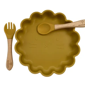 Ensemble assiette chat et couverts en silicone - Jaune