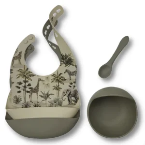 Coffret repas silicone jungle (bol, cuillère et 2 bavoirs) - Kaki