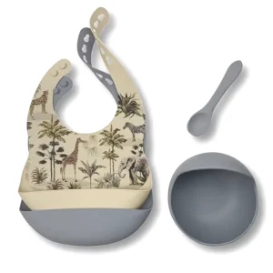 Coffret repas silicone jungle (bol, cuillère et 2 bavoirs) - Gris