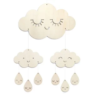 Grand mobile en bois - Nuages & gouttes